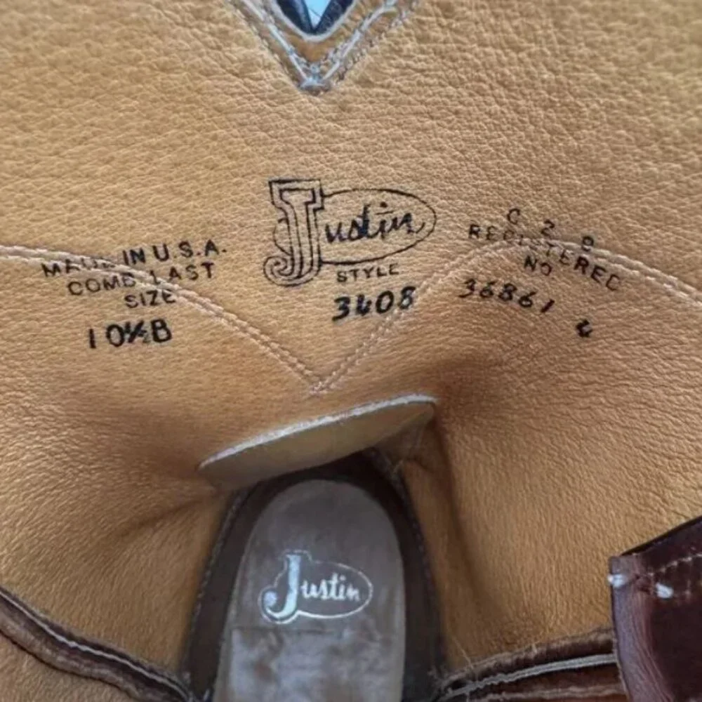 Justin Western Cowboy Boots Tan Brown Leather Pull-On Mens Size 10.5B Style 3408 - Picture 6 of 7